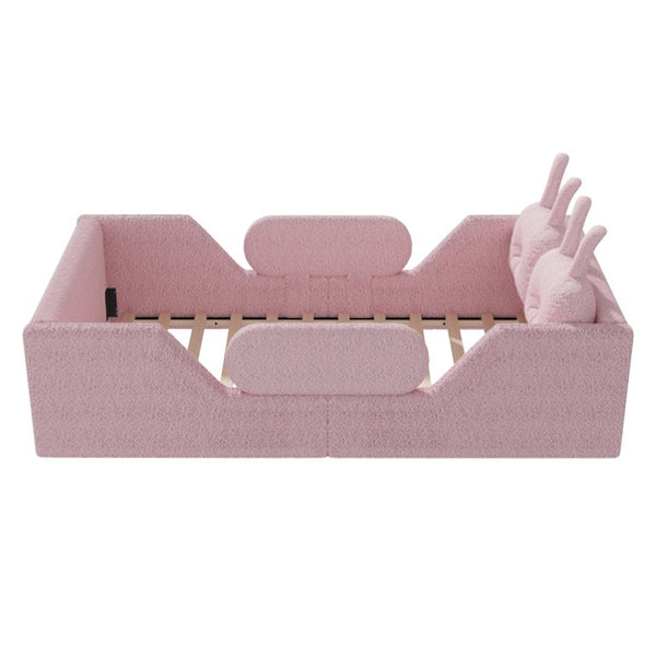 English Elm Twin Kids Floor Bed Teddy Fabric Upholstered Frame with Rabbit Headboard Safety Rails Pink W2593P513642