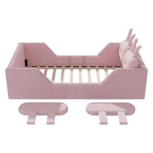 English Elm Twin Kids Floor Bed Teddy Fabric Upholstered Frame with Rabbit Headboard Safety Rails Pink W2593P513642