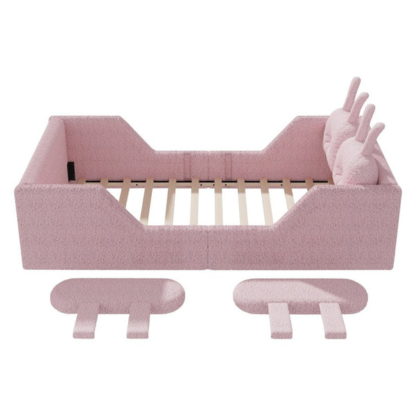 English Elm Twin Kids Floor Bed Teddy Fabric Upholstered Frame with Rabbit Headboard Safety Rails Pink W2593P513642