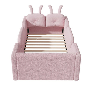English Elm Twin Kids Floor Bed Teddy Fabric Upholstered Frame with Rabbit Headboard Safety Rails Pink W2593P513642