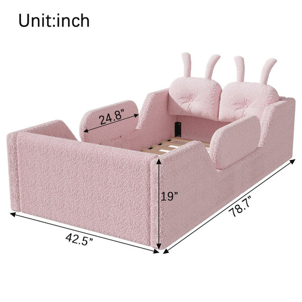 English Elm Twin Kids Floor Bed Teddy Fabric Upholstered Frame with Rabbit Headboard Safety Rails Pink W2593P513642