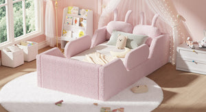English Elm Twin Kids Floor Bed Teddy Fabric Upholstered Frame with Rabbit Headboard Safety Rails Pink W2593P513642
