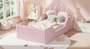 English Elm Twin Kids Floor Bed Teddy Fabric Upholstered Frame with Rabbit Headboard Safety Rails Pink W2593P513642