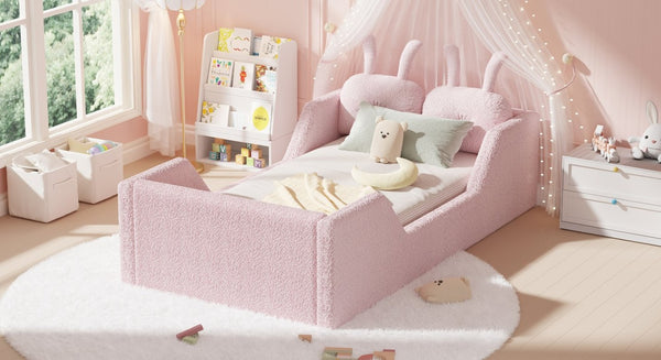 English Elm Twin Kids Floor Bed Teddy Fabric Upholstered Frame with Rabbit Headboard Safety Rails Pink W2593P513642