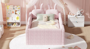 English Elm Twin Kids Floor Bed Teddy Fabric Upholstered Frame with Rabbit Headboard Safety Rails Pink W2593P513642
