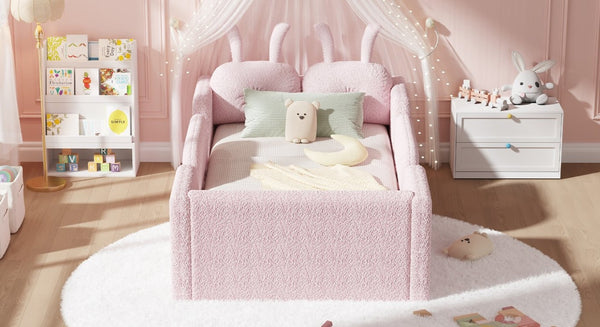 English Elm Twin Kids Floor Bed Teddy Fabric Upholstered Frame with Rabbit Headboard Safety Rails Pink W2593P513642
