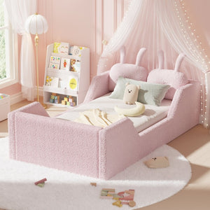 English Elm Twin Kids Floor Bed Teddy Fabric Upholstered Frame with Rabbit Headboard Safety Rails Pink W2593P513642