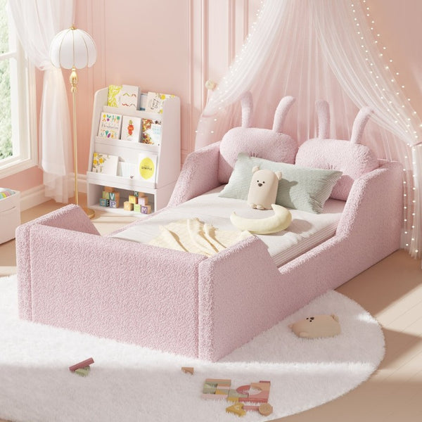 English Elm Twin Kids Floor Bed Teddy Fabric Upholstered Frame with Rabbit Headboard Safety Rails Pink W2593P513642