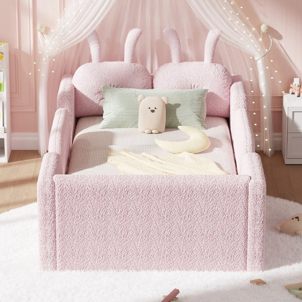 English Elm Twin Kids Floor Bed Teddy Fabric Upholstered Frame with Rabbit Headboard Safety Rails Pink W2593P513642
