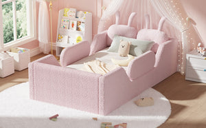 English Elm Twin Kids Floor Bed Teddy Fabric Upholstered Frame with Rabbit Headboard Safety Rails Pink W2593P513642