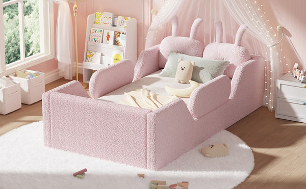 English Elm Twin Kids Floor Bed Teddy Fabric Upholstered Frame with Rabbit Headboard Safety Rails Pink W2593P513642