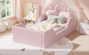 English Elm Twin Kids Floor Bed Teddy Fabric Upholstered Frame with Rabbit Headboard Safety Rails Pink W2593P513642