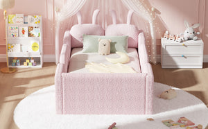 English Elm Twin Kids Floor Bed Teddy Fabric Upholstered Frame with Rabbit Headboard Safety Rails Pink W2593P513642