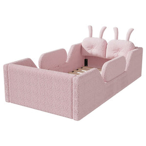 English Elm Twin Kids Floor Bed Teddy Fabric Upholstered Frame with Rabbit Headboard Safety Rails Pink W2593P513642