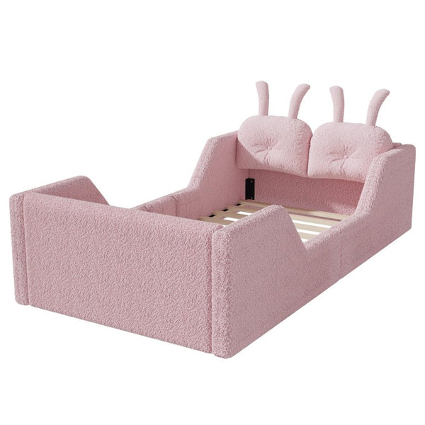 English Elm Twin Kids Floor Bed Teddy Fabric Upholstered Frame with Rabbit Headboard Safety Rails Pink W2593P513642