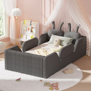 English Elm Twin Kids Floor Bed Teddy Fabric Upholstered Frame with Rabbit Headboard Safety Rails Gray W2593P513645