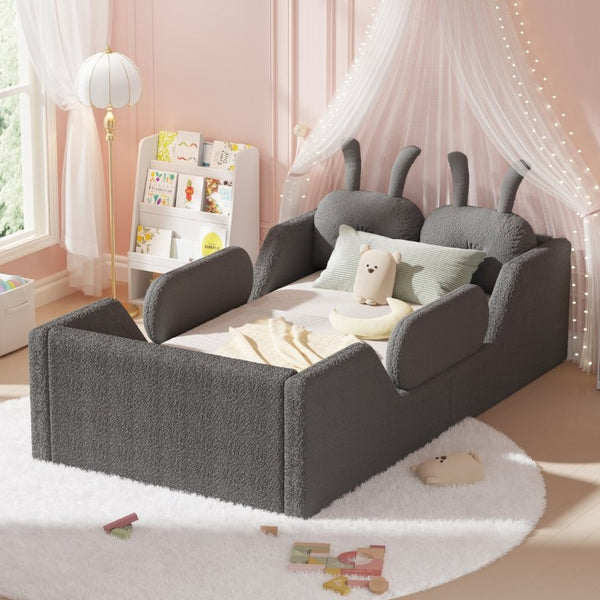 English Elm Twin Kids Floor Bed Teddy Fabric Upholstered Frame with Rabbit Headboard Safety Rails Gray W2593P513645