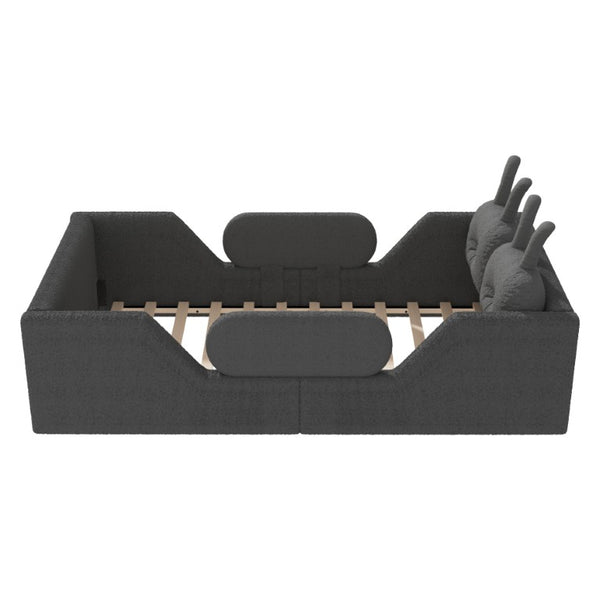 English Elm Twin Kids Floor Bed Teddy Fabric Upholstered Frame with Rabbit Headboard Safety Rails Gray W2593P513645