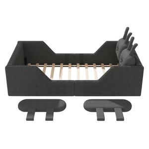 English Elm Twin Kids Floor Bed Teddy Fabric Upholstered Frame with Rabbit Headboard Safety Rails Gray W2593P513645