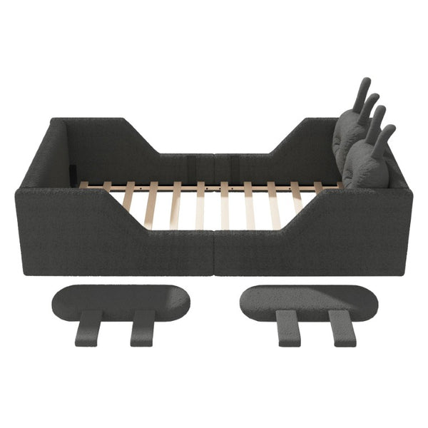 English Elm Twin Kids Floor Bed Teddy Fabric Upholstered Frame with Rabbit Headboard Safety Rails Gray W2593P513645