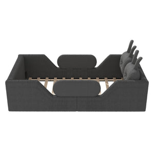 English Elm Twin Kids Floor Bed Teddy Fabric Upholstered Frame with Rabbit Headboard Safety Rails Gray W2593P513645