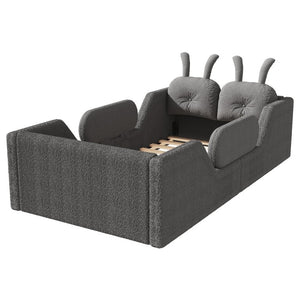 English Elm Twin Kids Floor Bed Teddy Fabric Upholstered Frame with Rabbit Headboard Safety Rails Gray W2593P513645