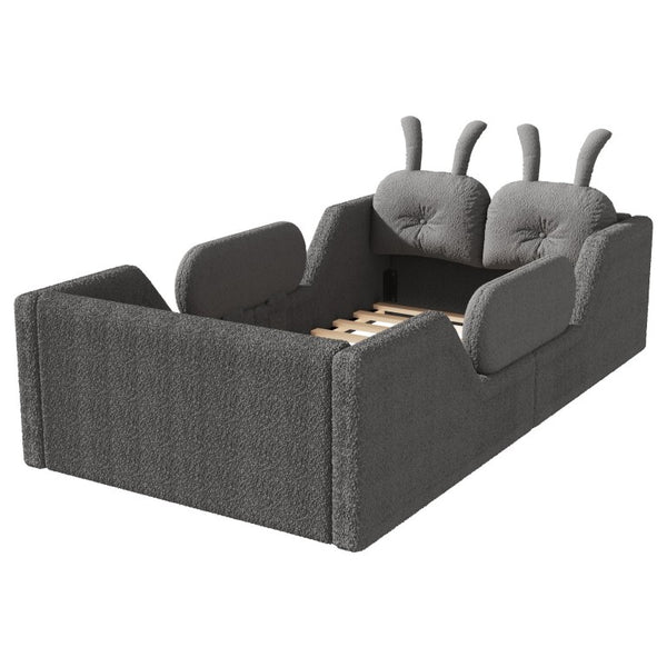 English Elm Twin Kids Floor Bed Teddy Fabric Upholstered Frame with Rabbit Headboard Safety Rails Gray W2593P513645