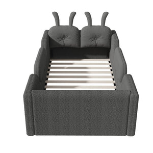 English Elm Twin Kids Floor Bed Teddy Fabric Upholstered Frame with Rabbit Headboard Safety Rails Gray W2593P513645
