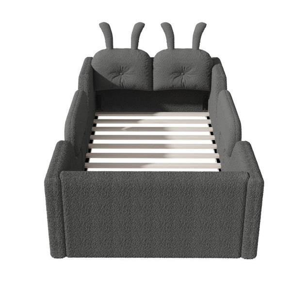 English Elm Twin Kids Floor Bed Teddy Fabric Upholstered Frame with Rabbit Headboard Safety Rails Gray W2593P513645