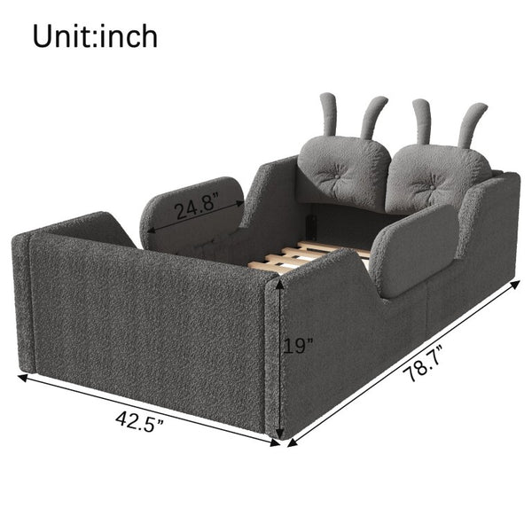 English Elm Twin Kids Floor Bed Teddy Fabric Upholstered Frame with Rabbit Headboard Safety Rails Gray W2593P513645