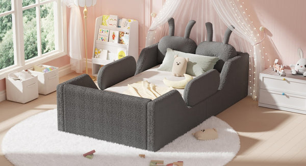 English Elm Twin Kids Floor Bed Teddy Fabric Upholstered Frame with Rabbit Headboard Safety Rails Gray W2593P513645