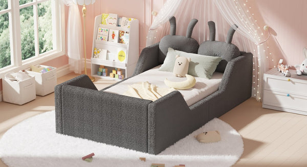 English Elm Twin Kids Floor Bed Teddy Fabric Upholstered Frame with Rabbit Headboard Safety Rails Gray W2593P513645