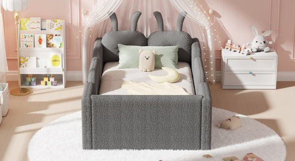 English Elm Twin Kids Floor Bed Teddy Fabric Upholstered Frame with Rabbit Headboard Safety Rails Gray W2593P513645
