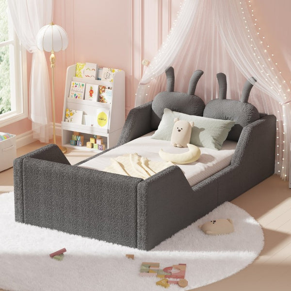 English Elm Twin Kids Floor Bed Teddy Fabric Upholstered Frame with Rabbit Headboard Safety Rails Gray W2593P513645