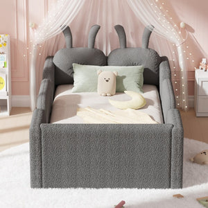 English Elm Twin Kids Floor Bed Teddy Fabric Upholstered Frame with Rabbit Headboard Safety Rails Gray W2593P513645