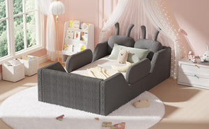 English Elm Twin Kids Floor Bed Teddy Fabric Upholstered Frame with Rabbit Headboard Safety Rails Gray W2593P513645