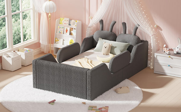 English Elm Twin Kids Floor Bed Teddy Fabric Upholstered Frame with Rabbit Headboard Safety Rails Gray W2593P513645
