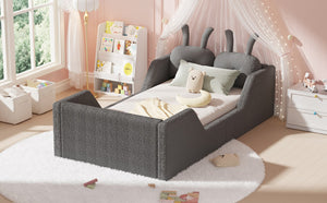 English Elm Twin Kids Floor Bed Teddy Fabric Upholstered Frame with Rabbit Headboard Safety Rails Gray W2593P513645