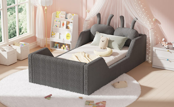 English Elm Twin Kids Floor Bed Teddy Fabric Upholstered Frame with Rabbit Headboard Safety Rails Gray W2593P513645