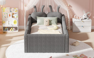 English Elm Twin Kids Floor Bed Teddy Fabric Upholstered Frame with Rabbit Headboard Safety Rails Gray W2593P513645