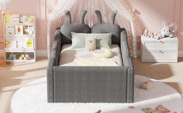 English Elm Twin Kids Floor Bed Teddy Fabric Upholstered Frame with Rabbit Headboard Safety Rails Gray W2593P513645