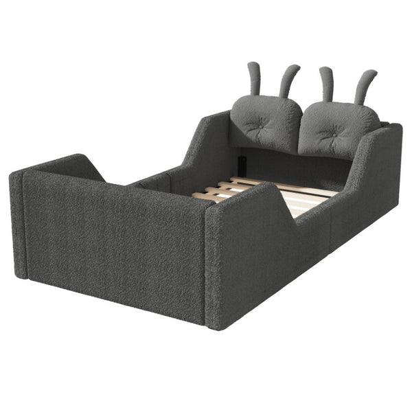 English Elm Twin Kids Floor Bed Teddy Fabric Upholstered Frame with Rabbit Headboard Safety Rails Gray W2593P513645