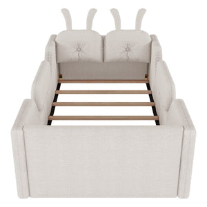 English Elm Twin Low Profile Floor Bed Teddy Fabric Upholstered with Removable Rabbit Cushions for Kids White W2593P515755