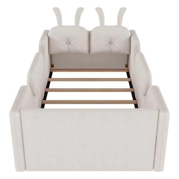 English Elm Twin Low Profile Floor Bed Teddy Fabric Upholstered with Removable Rabbit Cushions for Kids White W2593P515755