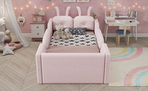 English Elm Twin Low Profile Floor Bed Teddy Fabric Upholstered with Removable Rabbit Cushions for Kids Pink W2593P515757
