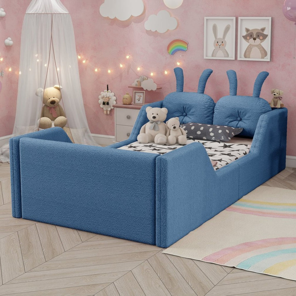 English Elm Twin Low Profile Floor Bed Teddy Fabric Upholstered with Removable Rabbit Cushions for Kids Blue W2593P515758