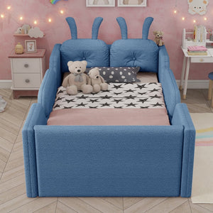 English Elm Twin Low Profile Floor Bed Teddy Fabric Upholstered with Removable Rabbit Cushions for Kids Blue W2593P515758