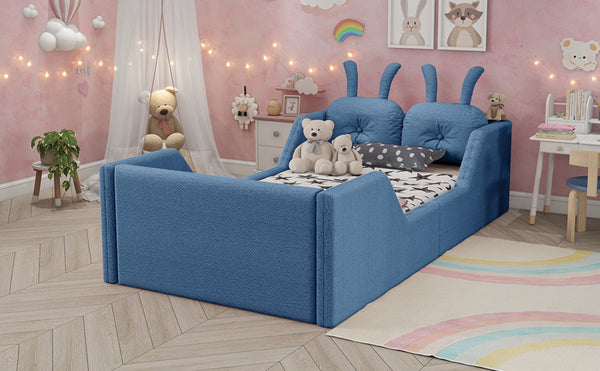 English Elm Twin Low Profile Floor Bed Teddy Fabric Upholstered with Removable Rabbit Cushions for Kids Blue W2593P515758