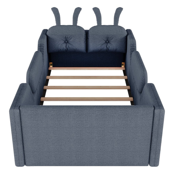 English Elm Twin Low Profile Floor Bed Teddy Fabric Upholstered with Removable Rabbit Cushions for Kids Grey W2593P515760