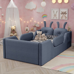 English Elm Twin Low Profile Floor Bed Teddy Fabric Upholstered with Removable Rabbit Cushions for Kids Grey W2593P515760